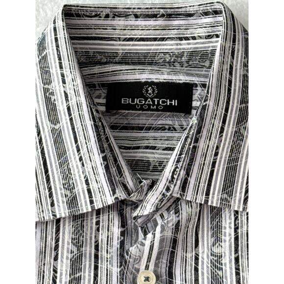Bugatchi Uomo Shirt Men Size Large Black Paisley Stripe 100% Cotton Button Down - Picture 2 of 7